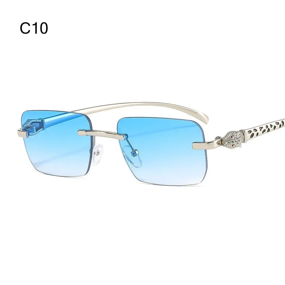Rimless Leopard Head Decorated Sunglasses Gradient UV Protection Transparent Lens Shades Rectangular Sun Glasses for Women