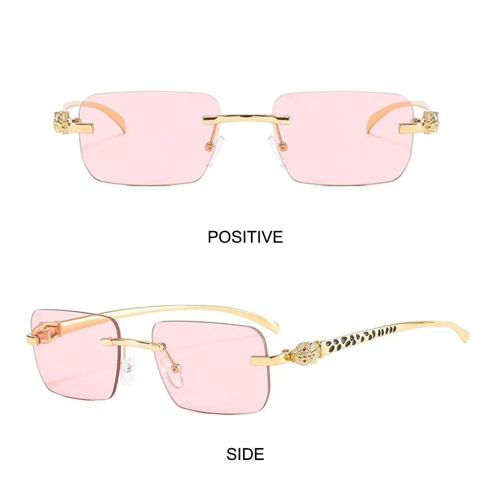 Rimless Leopard Head Decorated Sunglasses Gradient UV Protection Transparent Lens Shades Rectangular Sun Glasses for Women