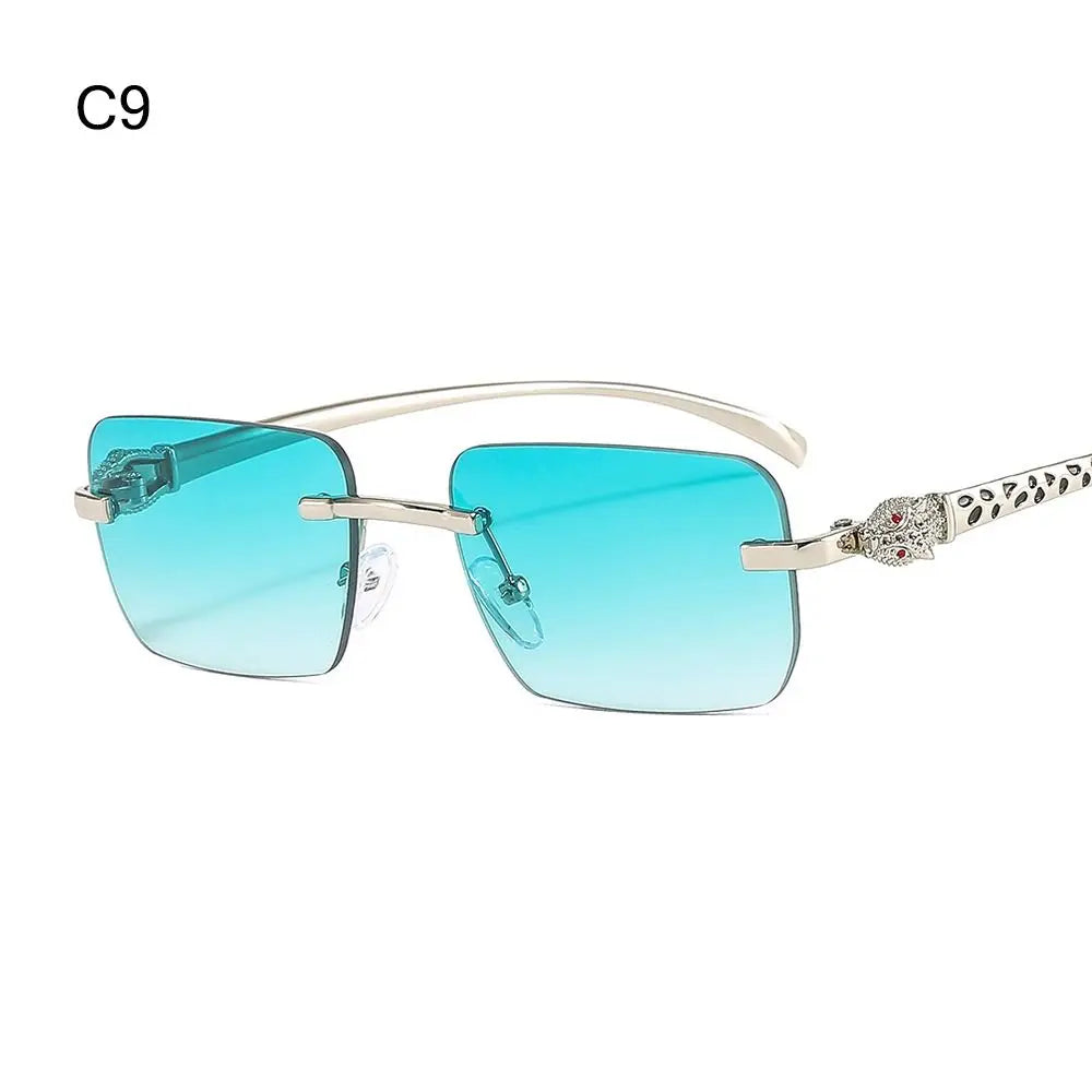 Rimless Leopard Head Decorated Sunglasses Gradient UV Protection Transparent Lens Shades Rectangular Sun Glasses for Women