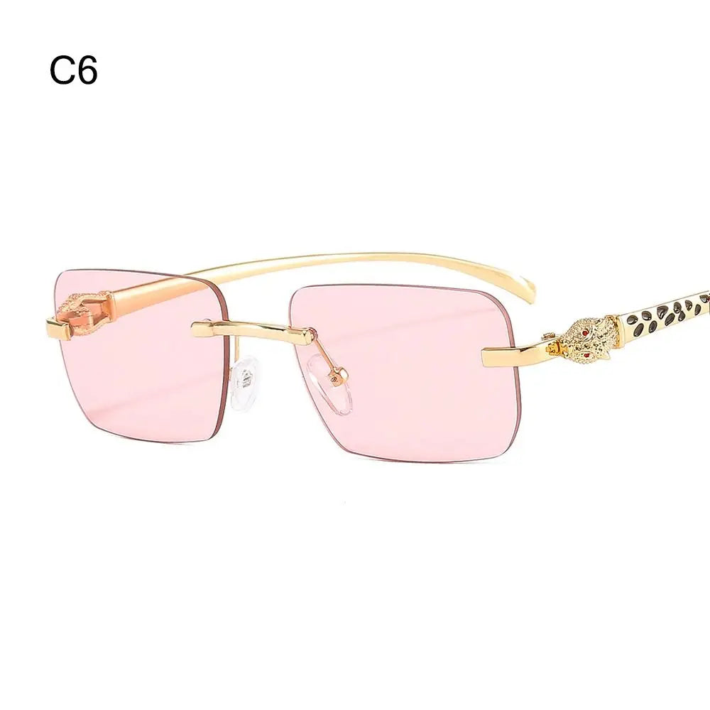 Rimless Leopard Head Decorated Sunglasses Gradient UV Protection Transparent Lens Shades Rectangular Sun Glasses for Women