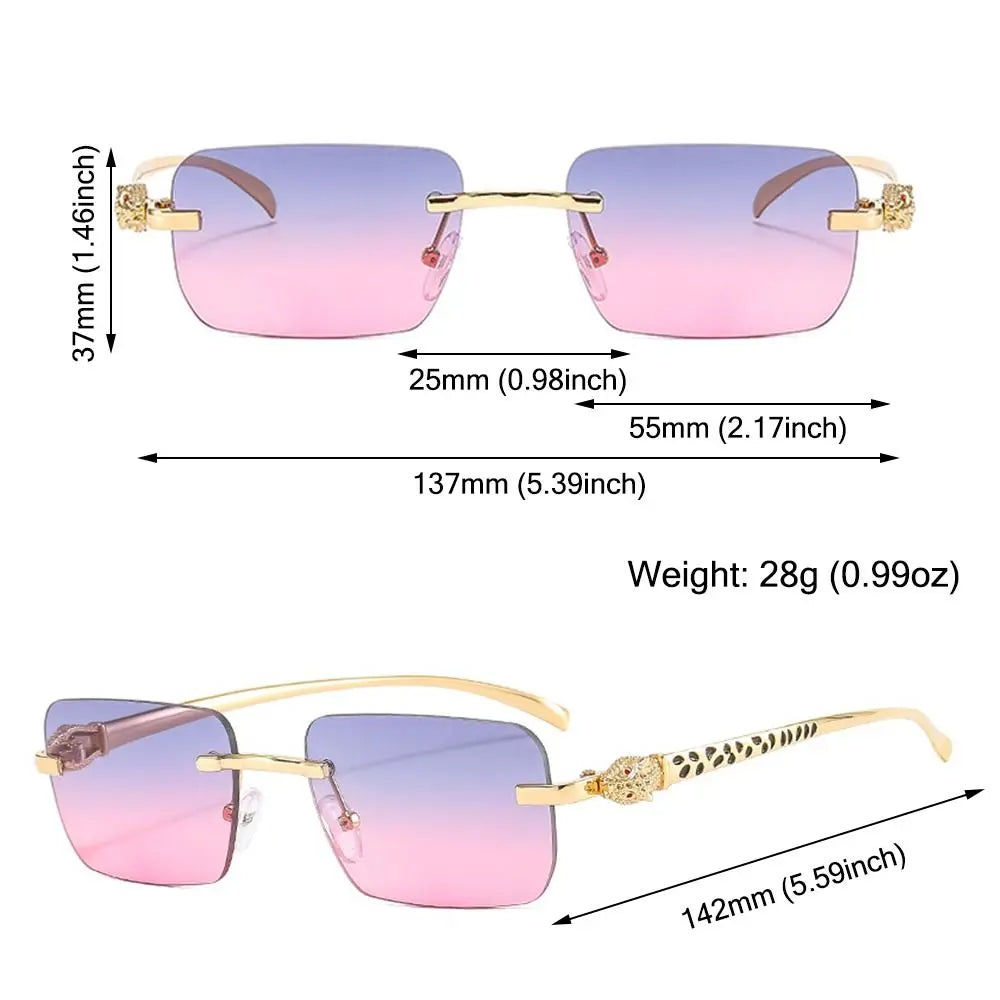 Rimless Leopard Head Decorated Sunglasses Gradient UV Protection Transparent Lens Shades Rectangular Sun Glasses for Women