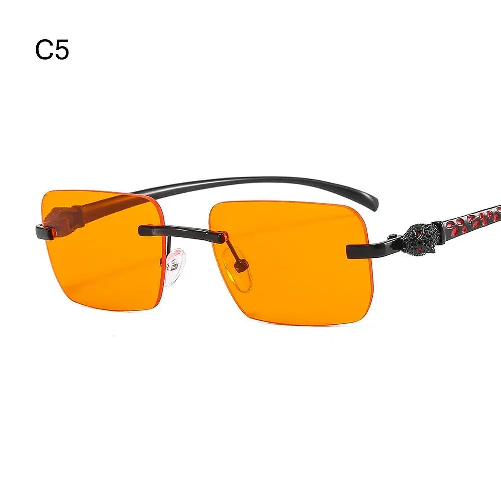 Rimless Leopard Head Decorated Sunglasses Gradient UV Protection Transparent Lens Shades Rectangular Sun Glasses for Women