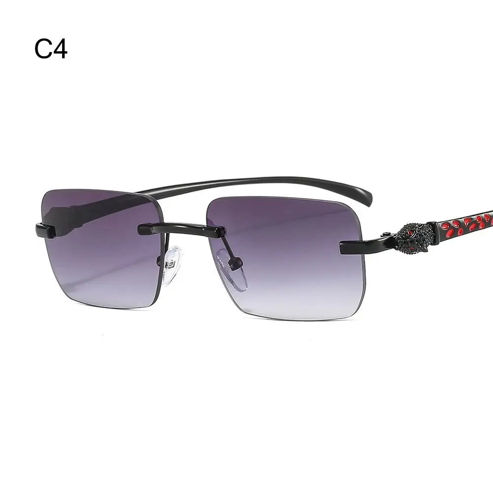 Rimless Leopard Head Decorated Sunglasses Gradient UV Protection Transparent Lens Shades Rectangular Sun Glasses for Women