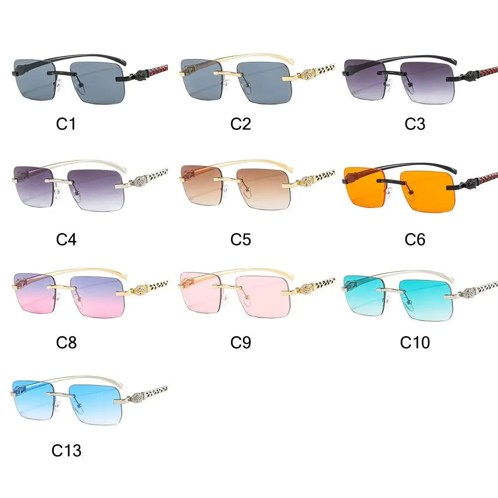 Rimless Leopard Head Decorated Sunglasses Gradient UV Protection Transparent Lens Shades Rectangular Sun Glasses for Women