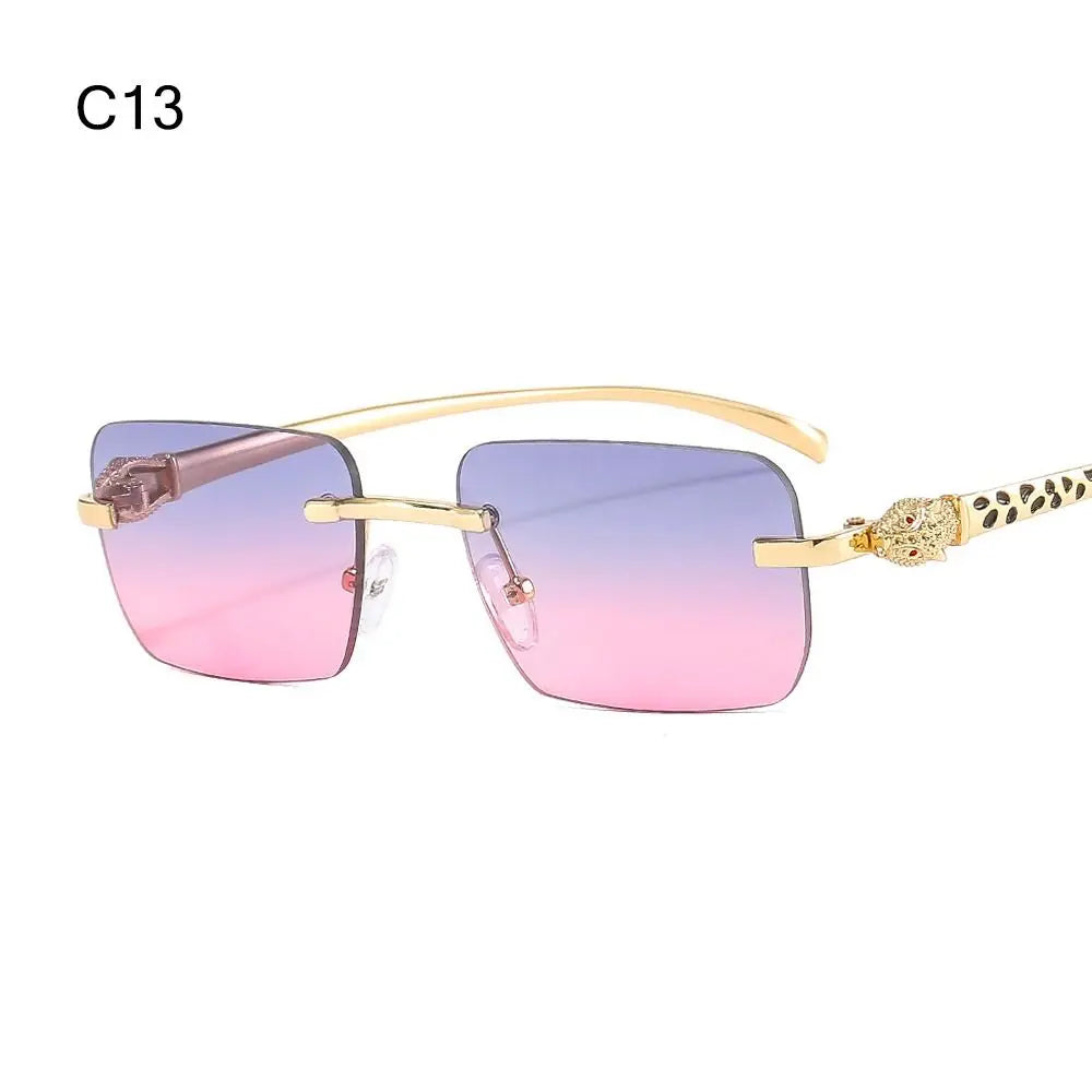 Rimless Leopard Head Decorated Sunglasses Gradient UV Protection Transparent Lens Shades Rectangular Sun Glasses for Women