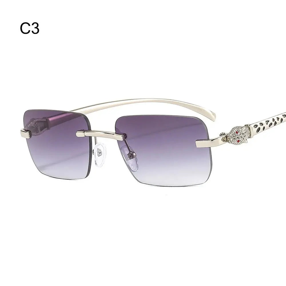 Rimless Leopard Head Decorated Sunglasses Gradient UV Protection Transparent Lens Shades Rectangular Sun Glasses for Women
