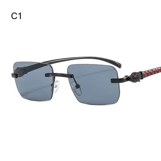 Gradient Leopard Head Decorated Sunglasses Rimless Rectangular Sun Glasses for Women Street Shooting Eyewear UV Protection
